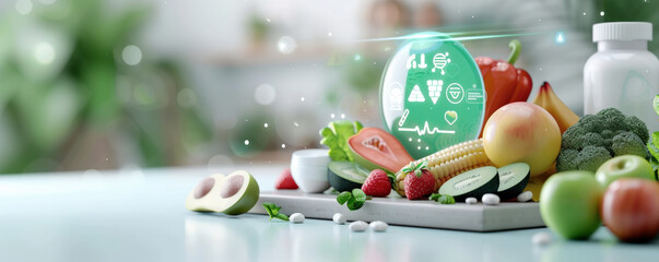Poster - holographic interface analyzes nutritional information of fresh fruits and vegetables on kitchen counter, highlighting health benefits and dietary insights