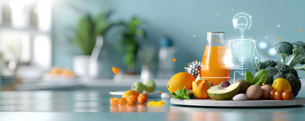 Poster - vibrant display of fresh fruits and vegetables, including oranges, avocados, and broccoli, surrounds glass of juice on kitchen counter. digital hologram of human skeleton analyzes nutrient intake