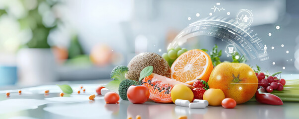 Poster - vibrant display of vitamin rich foods like fruits and vegetables is enhanced by futuristic AI powered hologram. scene emphasizes health and nutrition in modern setting