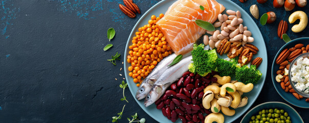 Poster - balanced meal plate featuring protein sources like fish, beans, nuts, and seeds, complemented by fresh vegetables and herbs, displayed on dark textured background