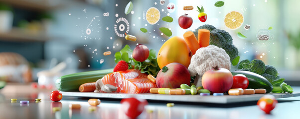 Poster - vibrant display of vitamin rich foods like fruits, vegetables, and fish is enhanced by digital hologram. scene emphasizes health and nutrition with floating vitamins and nutrients