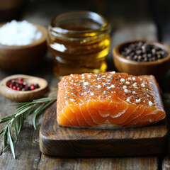 Poster - fresh salmon fillet seasoned with salt and pepper sits on wooden board, surrounded by rosemary, olive oil, and peppercorns, creating rustic and appetizing scene