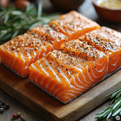 Poster - Fresh salmon fillets seasoned with herbs and spices are arranged on wooden board, ready for cooking. vibrant orange color and marbling of fish highlight its freshness and quality