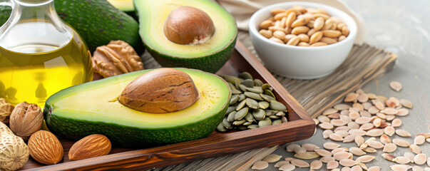 Poster - variety of healthy fat sources are displayed, including avocados, nuts, seeds, and oil, arranged on wooden tray. image highlights natural textures and colors of these nutritious foods