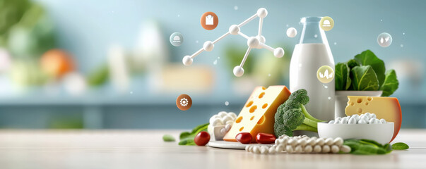 Poster - variety of healthy foods including cheese, milk, broccoli, and tomatoes are displayed on table, with holographic 3D interface showing calcium molecule above them
