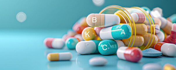 Aufkleber - vibrant 3D illustration of colorful vitamin capsules scattered on blue surface, with holographic labels indicating vitamins A, B, C, and K. scene conveys health and wellness