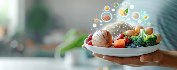 Poster - hand holds plate of fresh vegetables and fruits, including broccoli, tomatoes, and berries, with digital holographic display of nutritional information and essential minerals floating above