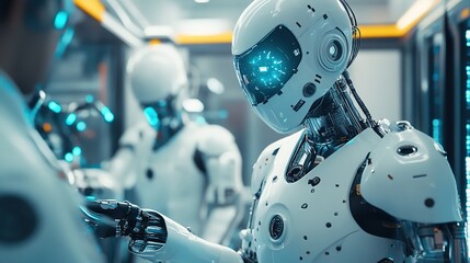 Poster - A high-tech industrial setting where bionic robots collaborate with humans.