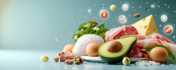 Poster - holographic 3D interface displays keto foods like avocado, cheese, and eggs, surrounded by digital icons. scene is vibrant and futuristic, emphasizing healthy eating