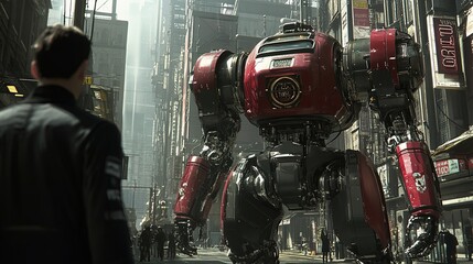 Poster - A high-tech industrial setting where bionic robots collaborate with humans.