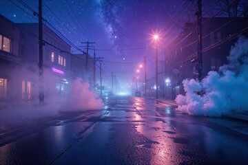 Wall Mural - ultraviolet foggy street scene with wet asphalt laser beams and smoke in starry universe background
