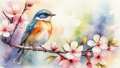 Naklejka na meble Colorful bird perched on a branch with cherry blossoms in a watercolor style