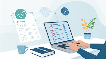 Poster - person is typing on laptop with floating digital checklists, symbolizing organization and productivity. scene includes notebook, cup, and plants, creating calm workspace
