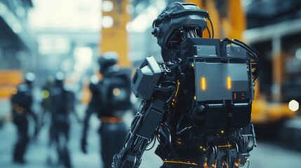 Poster - AI-powered bionic exoskeletons assisting workers in heavy industries.