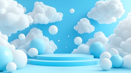 Poster - Pastel Blue and White Product Display Scene with Clouds and Spheres