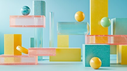 Aufkleber - Pastel Geometric Shapes and Spheres Abstract Composition
