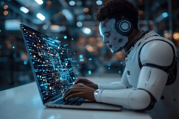 Poster - Futuristic humanoid robot engages with digital interface while working on laptop in modern tech environment