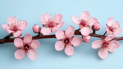 Poster - Pink Blossom Branch Soft Blue Background Spring Floral Image