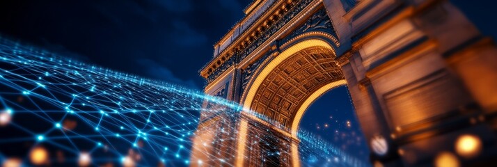 Futuristic network overlay on iconic Paris landmark, blending tradition with technology.