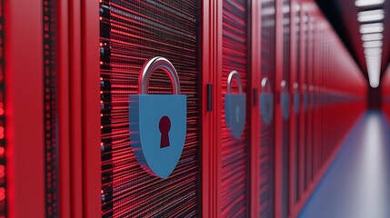 Poster - Secure Data Storage System with Lock Symbol in a Modern Server Room Environment