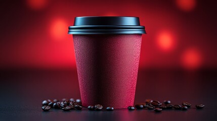 Aufkleber - A cozy coffee cup sits on a dark surface surrounded by scattered coffee beans. The background is softly lit in red, creating a warm atmosphere, perfect for enjoying a hot beverage.