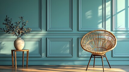Poster - Rattan Chair Teal Paneling Interior Design