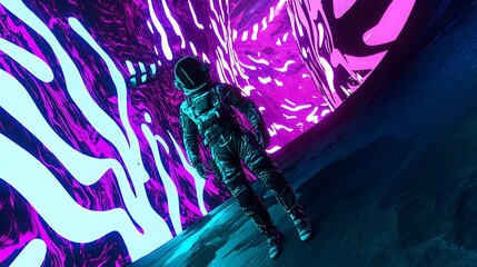 Wall Mural - astronaut exploring a vibrant alien landscape