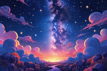 Wall Mural - Enchanting 3D Artwork of a Twilight Sky with Cosmic Stars and the Milky Way