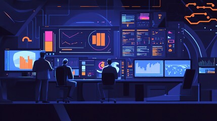Poster - Engineers monitoring a real-time automated production dashboard.