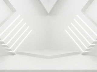 Wall Mural - 3d white geometric background with neon lights. white backdrop