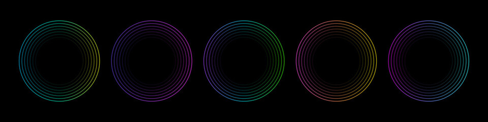Poster - Color round frames isolated on black background. Abstract circular rings of neon colors. Modern futuristic geometric design vector illustration set.