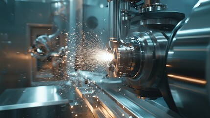 Poster - Precision metal cutting in a high-tech manufacturing plant.