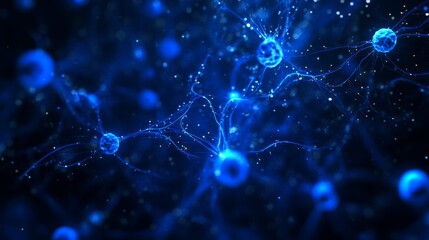 Poster - Blue Neuroscience Network, Neurons Connected by Web, High-Quality Illustration of Neurons