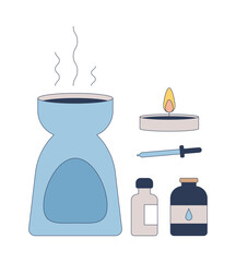 Poster - Aromatherapy essentials 2D cartoon objects set. Oil burner, tealight candle, dropper, essential oil bottles isolated elements flat vector clip arts on white. Spot illustrations collection