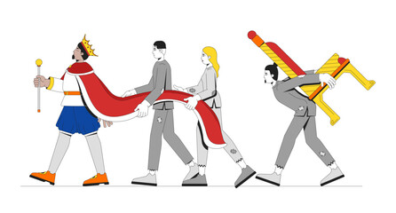 Poster - burden of monarchy authority and class struggle 2d illustration concept. king walking ahead with imp