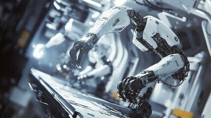 Poster - Robotic arms assembling metal parts in an advanced factory.