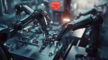 Poster - Robotic arms assembling metal parts in an advanced factory.