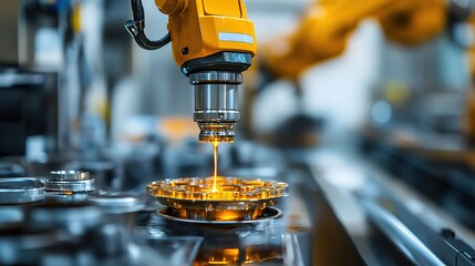 Poster - Robotic arms assembling metal parts in an advanced factory.