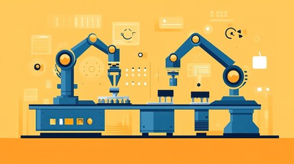 Poster - Robotic arms assembling metal parts in an advanced factory.