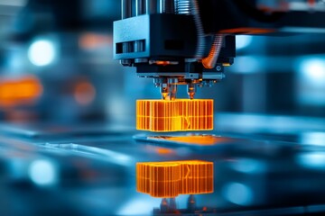 Fototapete - 3D printer creating intricate orange design in a high-tech manufacturing facility during the day