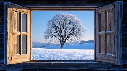Poster - Rustic Winter Window View Snow Tree Landscape