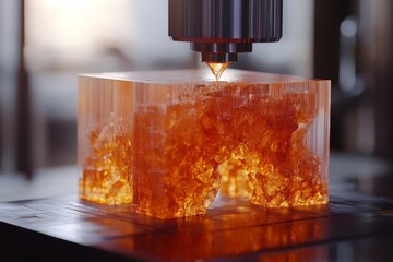 Poster - Advanced 3D printing process creating an intricate resin model with vibrant orange hues in a modern workshop