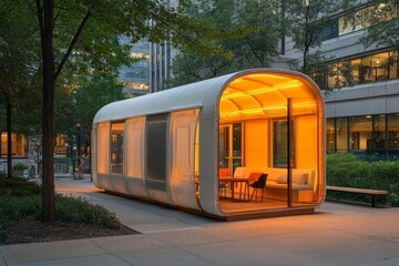 Aufkleber - Modern modular structure with glowing interior in an urban park setting during evening hours