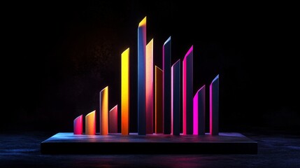 Aufkleber - An abstract D financial bar graph with stylized bars of varying heights, set against a dark background with digital effects, representing innovative financial analysis.