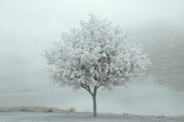 Fototapete - Solitary white tree stands amidst fog in a serene landscape at the break of dawn