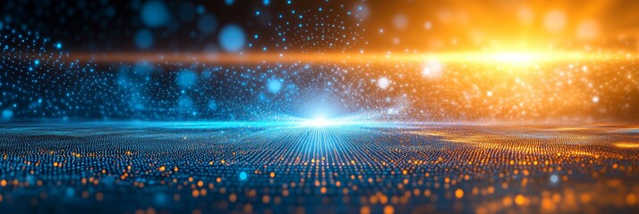 Poster - Converging Light Beams, Abstract Design With Glowing Bokeh Circles, Blue And Orange Colors
