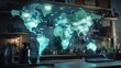 © TPS Studio - A digital world map illuminated on a wall in a modern workspace, showcasing a tech-inspired design with shelves and a laptop in the foreground.
