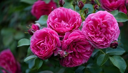 Wall Mural - dark pink elmshorn rose shrub in bloom - vivid cerise pink flowers against green foliage in early au