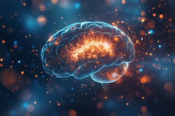 Fototapete - Human brain illustration glowing with neural connections in a vibrant background