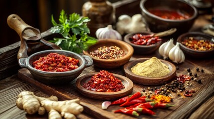 Poster - An artistic arrangement of kimchi ingredients, including chili powder, garlic, and ginger, beautifully displayed on a rustic wooden surface for a traditional touch.